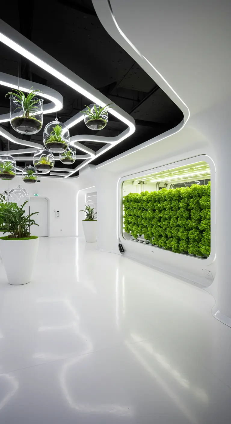Entrada futurista y blanca con un jardín hidropónico en la pared y terrarios de cristal colgantes.