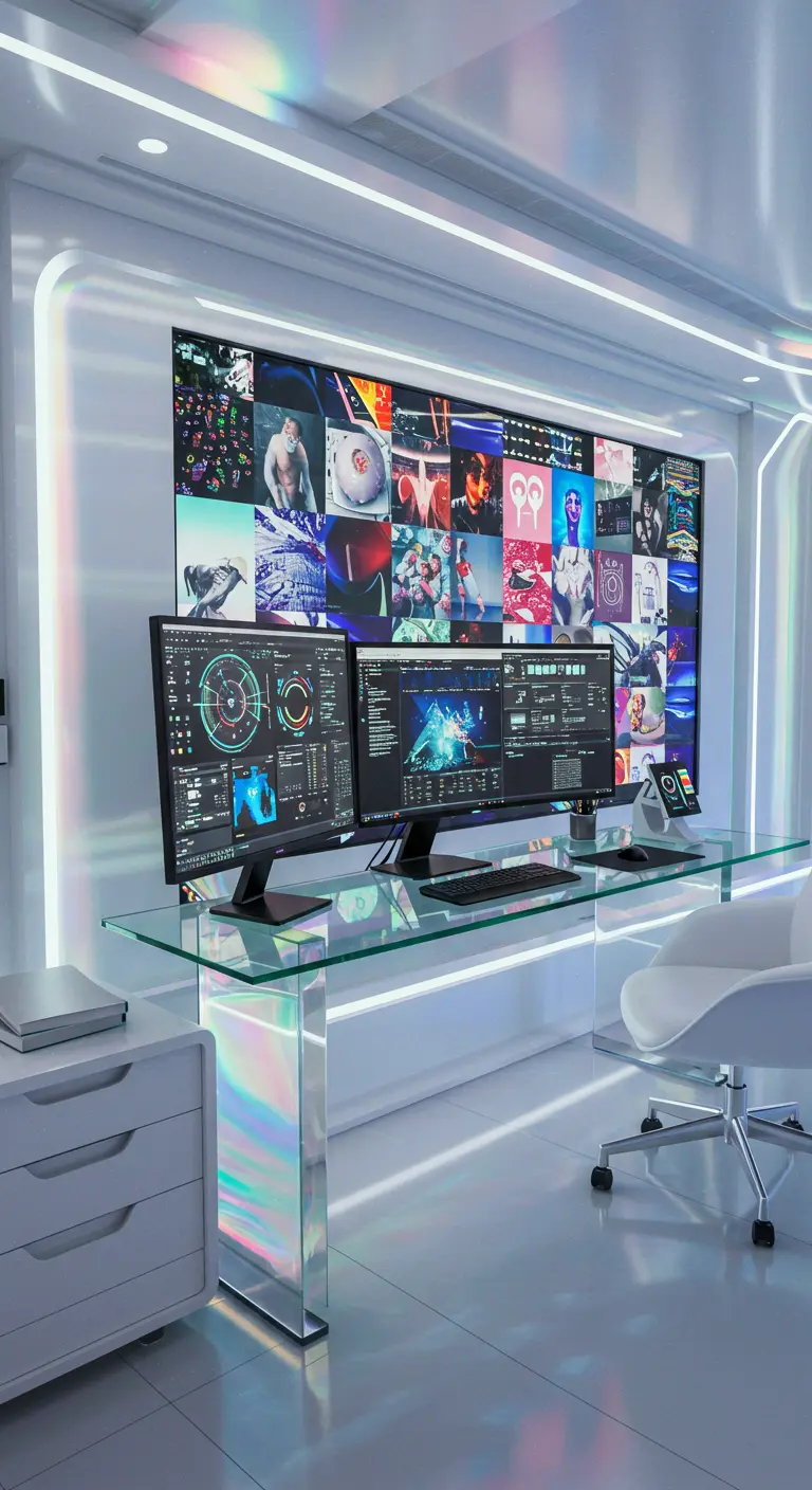 Oficina de diseño futurista con un escritorio de cristal iridiscente y una pared de pantallas.