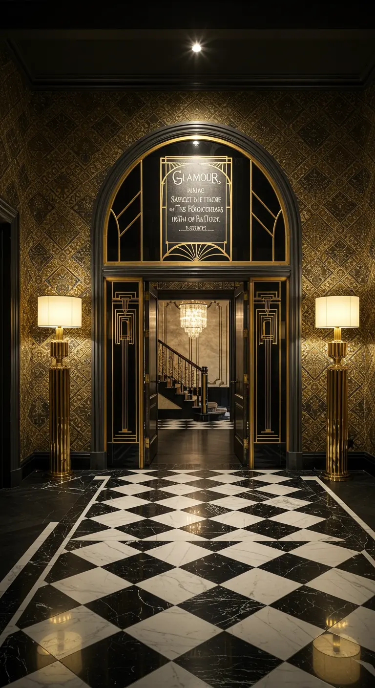 Entrada Art Decó con detalles dorados y un letrero de 'Glamour' sobre la puerta.