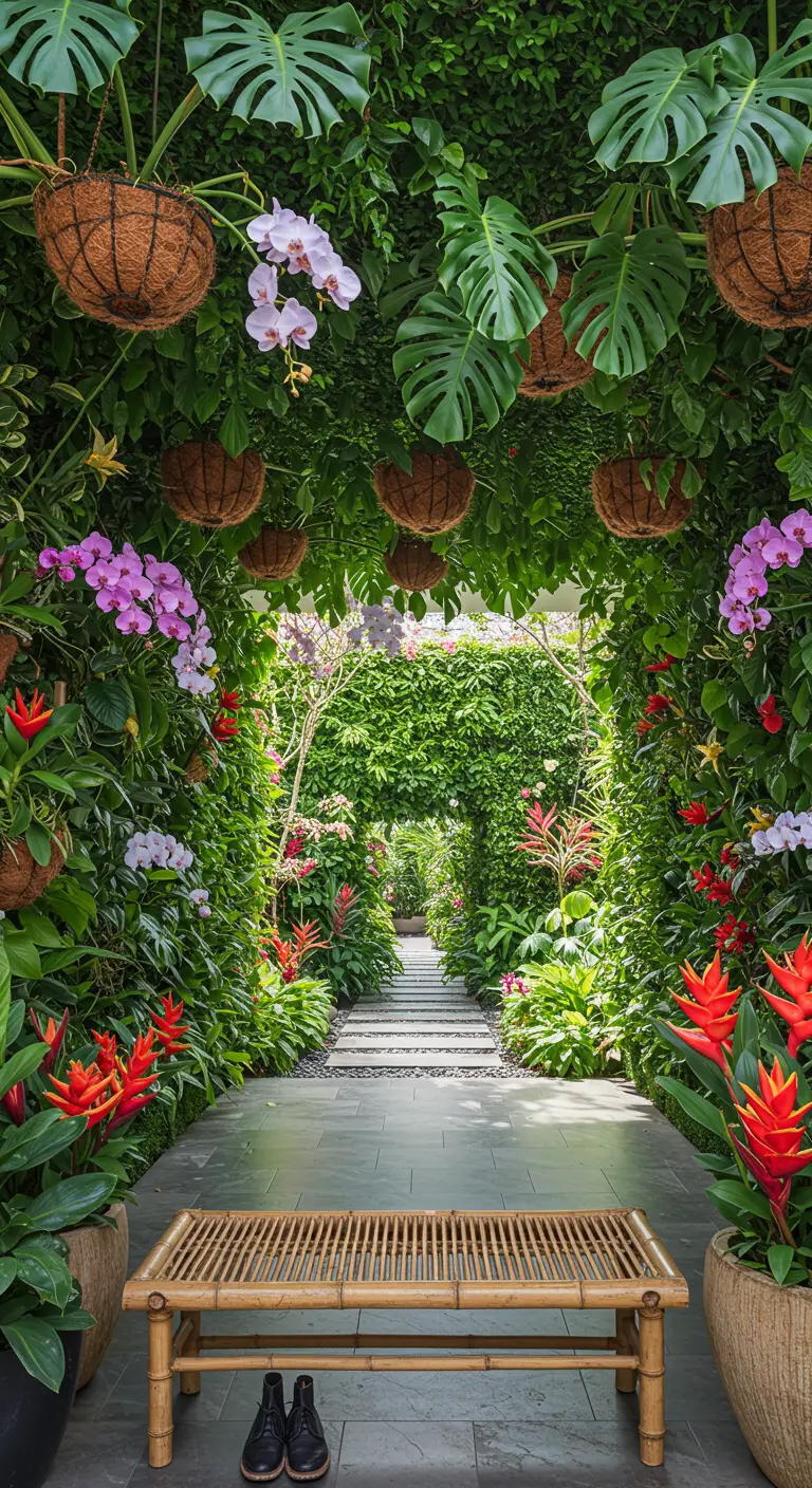 Pasillo de entrada convertido en un túnel de plantas tropicales, orquídeas y flores exóticas.