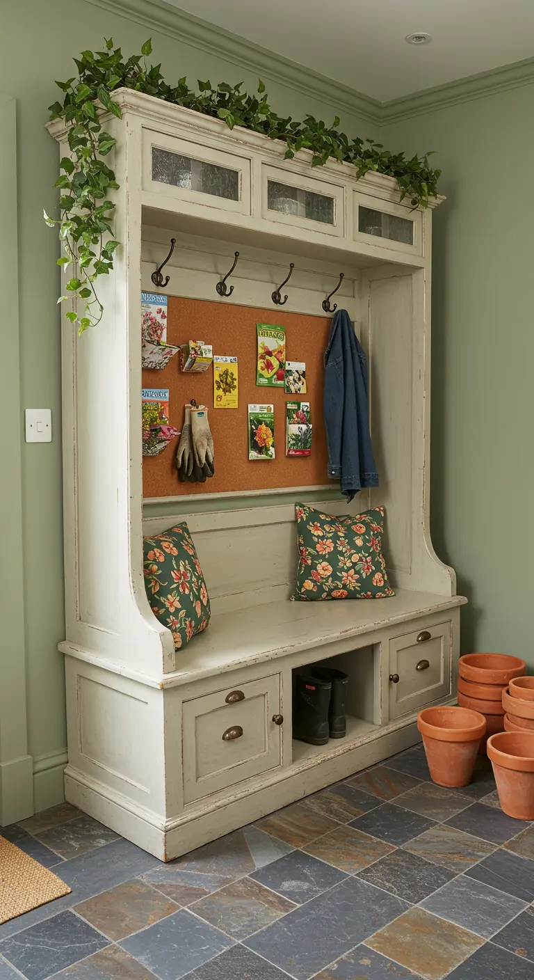Mueble de entrada blanco de estilo rústico con tablero de corcho, cojines florales y plantas.