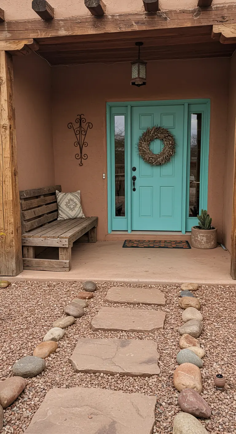 Porche de estilo suroeste con paredes de adobe, puerta turquesa y un banco de madera rústica.