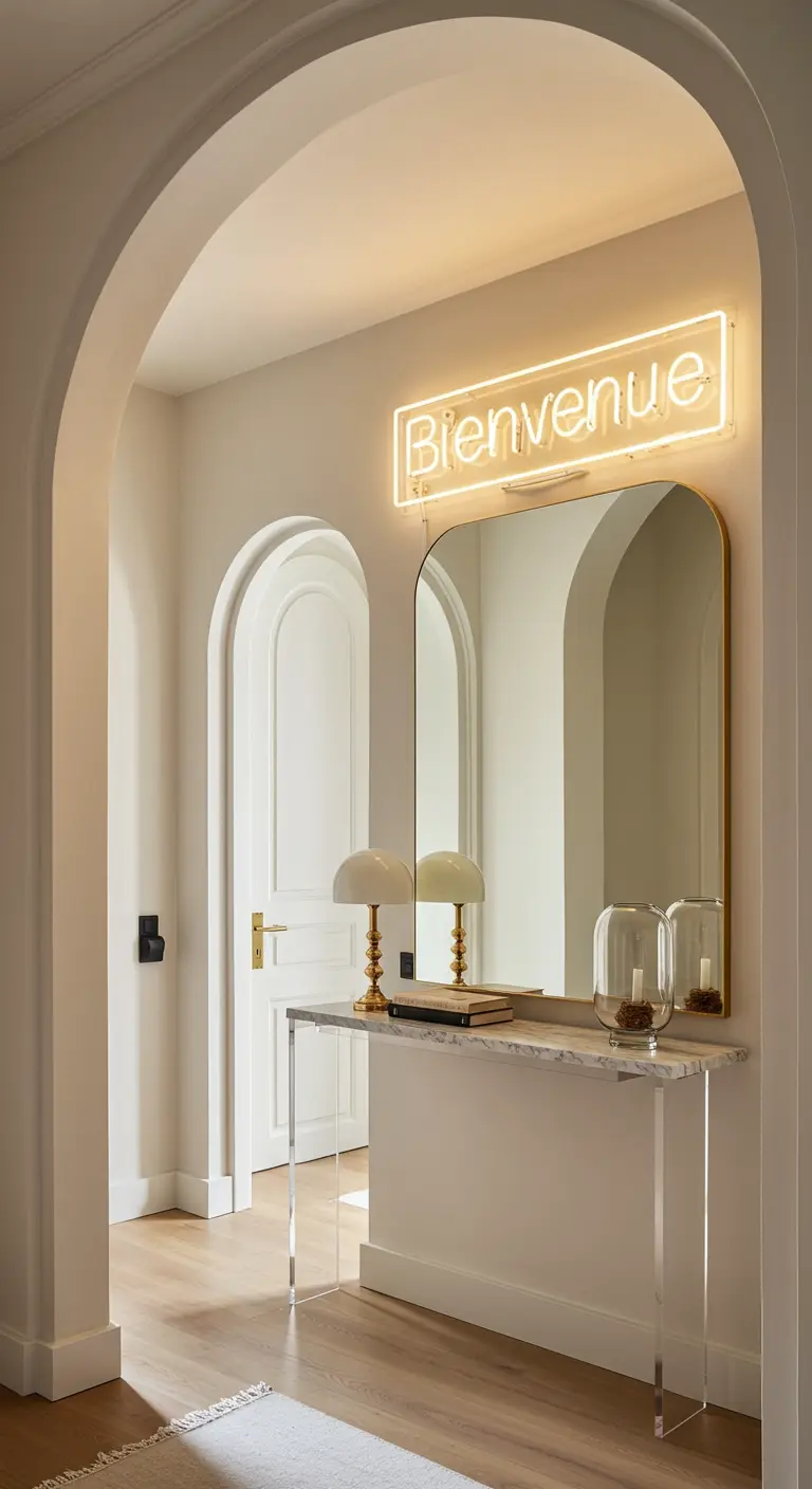 Entrada elegante con espejo arqueado dorado, consola de mármol y acrílico, y neón
