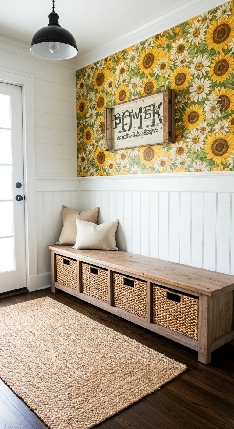 Entrada estilo farmhouse con papel tapiz de girasoles y un banco de madera con cestas.