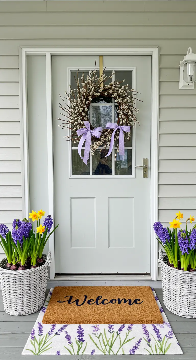 Entrada de primavera con felpudo de lavanda, una corona floral y jacintos en cestas.