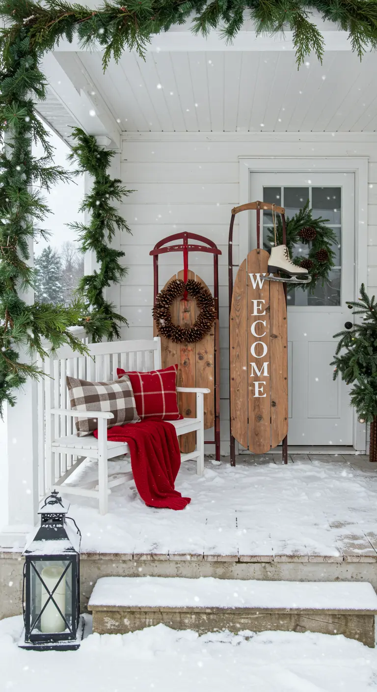 Porche nevado decorado para el invierno con trineos, cojines de cuadros y una manta roja.