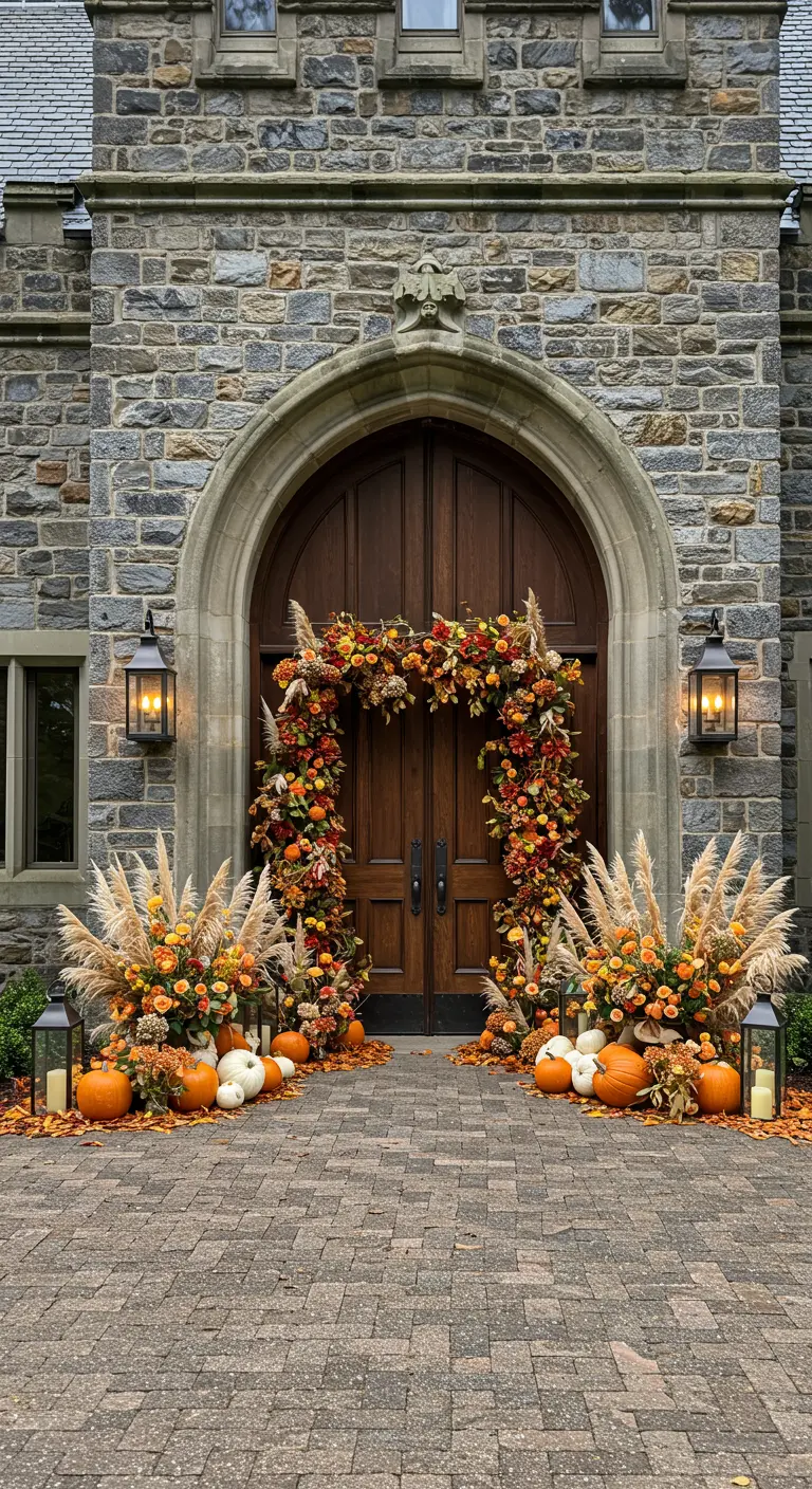 Entrada de una boda decorada con un arco floral, calabazas y hierba de la pampa.