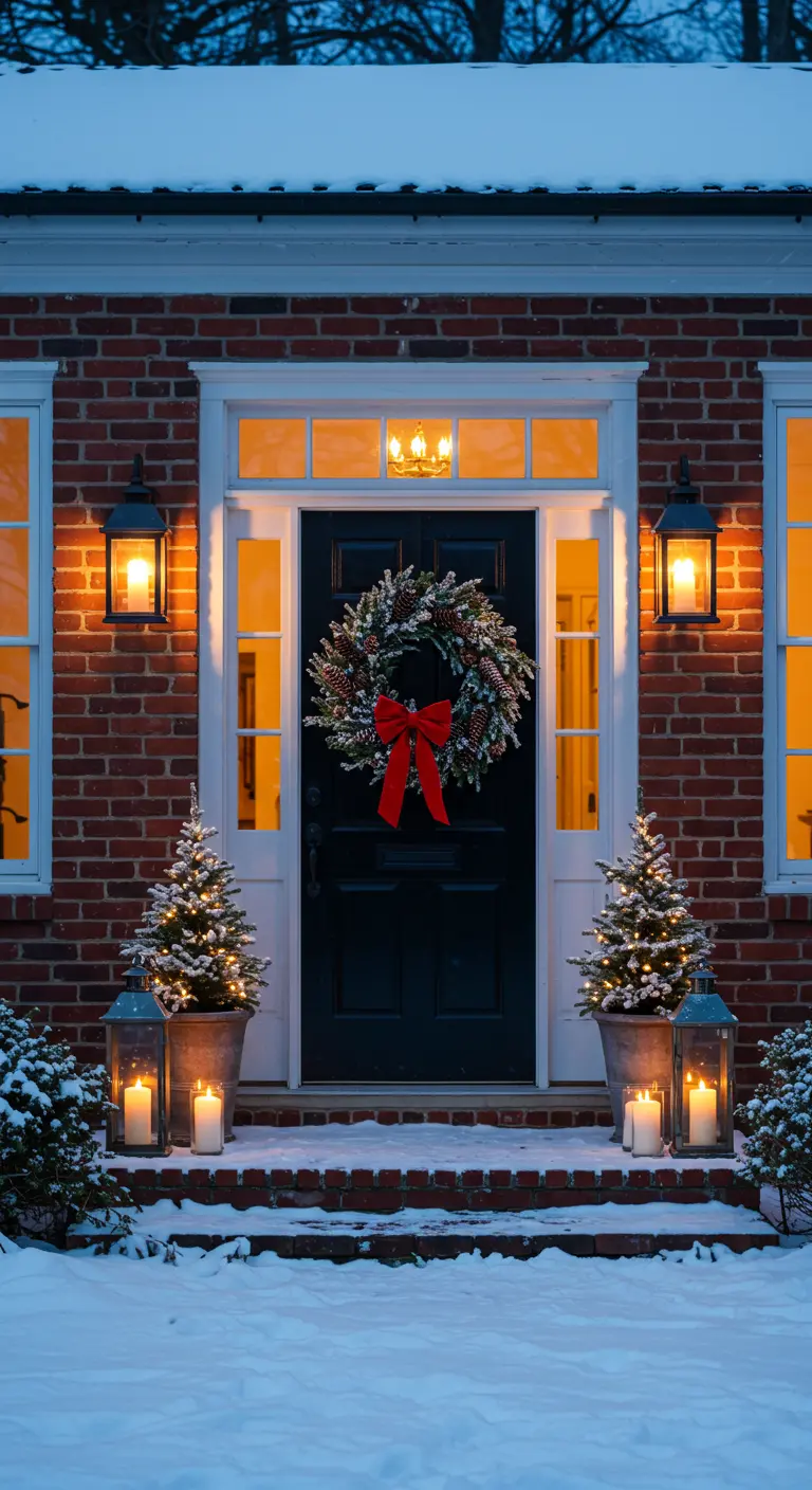 Corona de Navidad tradicional con lazo rojo en una puerta negra, en un porche nevado.