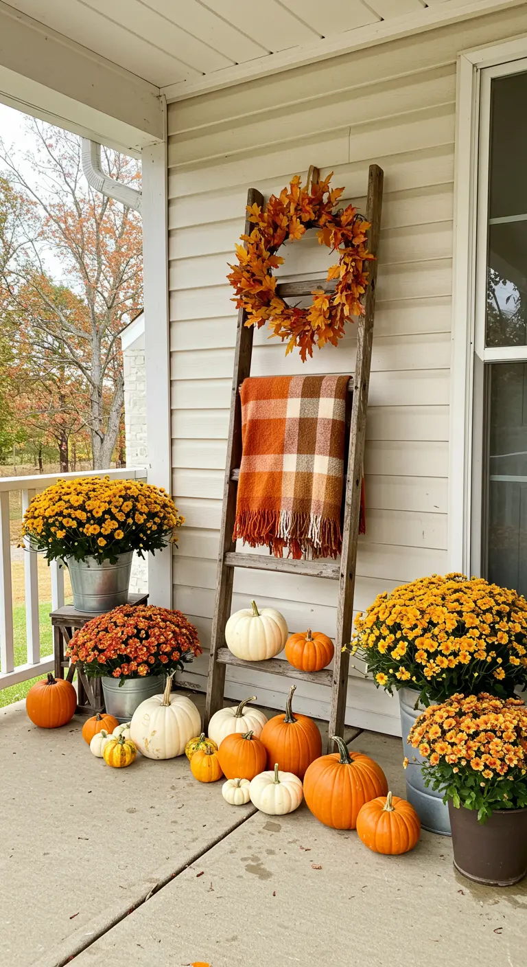 Escalera de madera en un porche decorada para el otoño con una corona, una manta y calabazas.