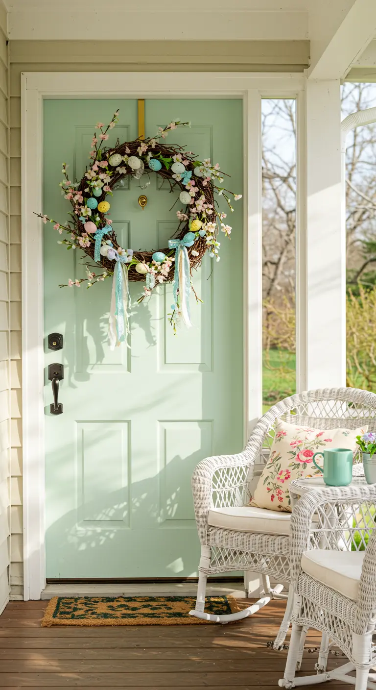 Corona de Pascua con flores y huevos de colores en una puerta verde menta.
