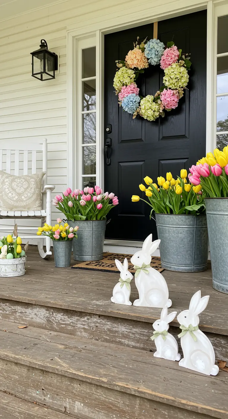Porche de estilo granja decorado para Pascua con tulipanes y conejos blancos