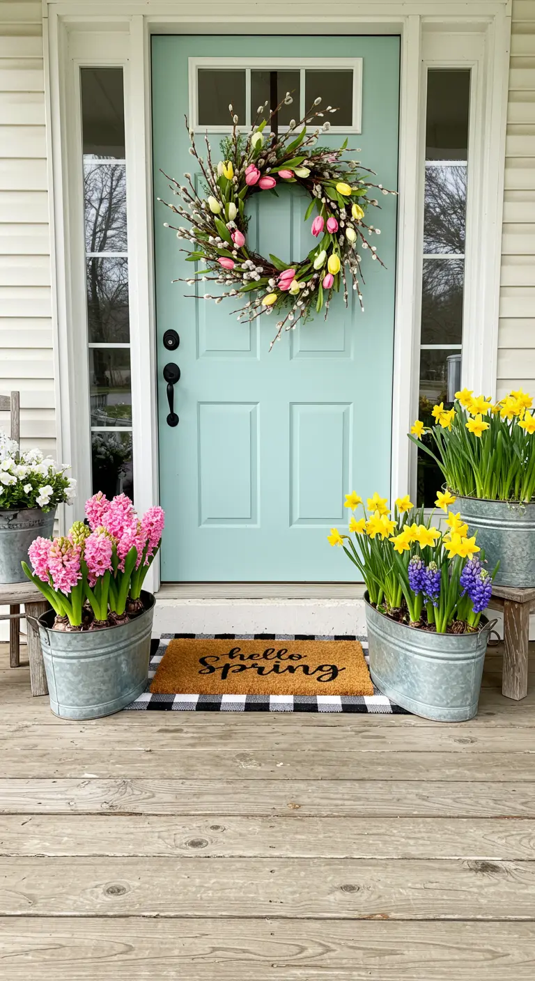 Puerta aguamarina con corona de tulipanes y macetas galvanizadas con flores de primavera.