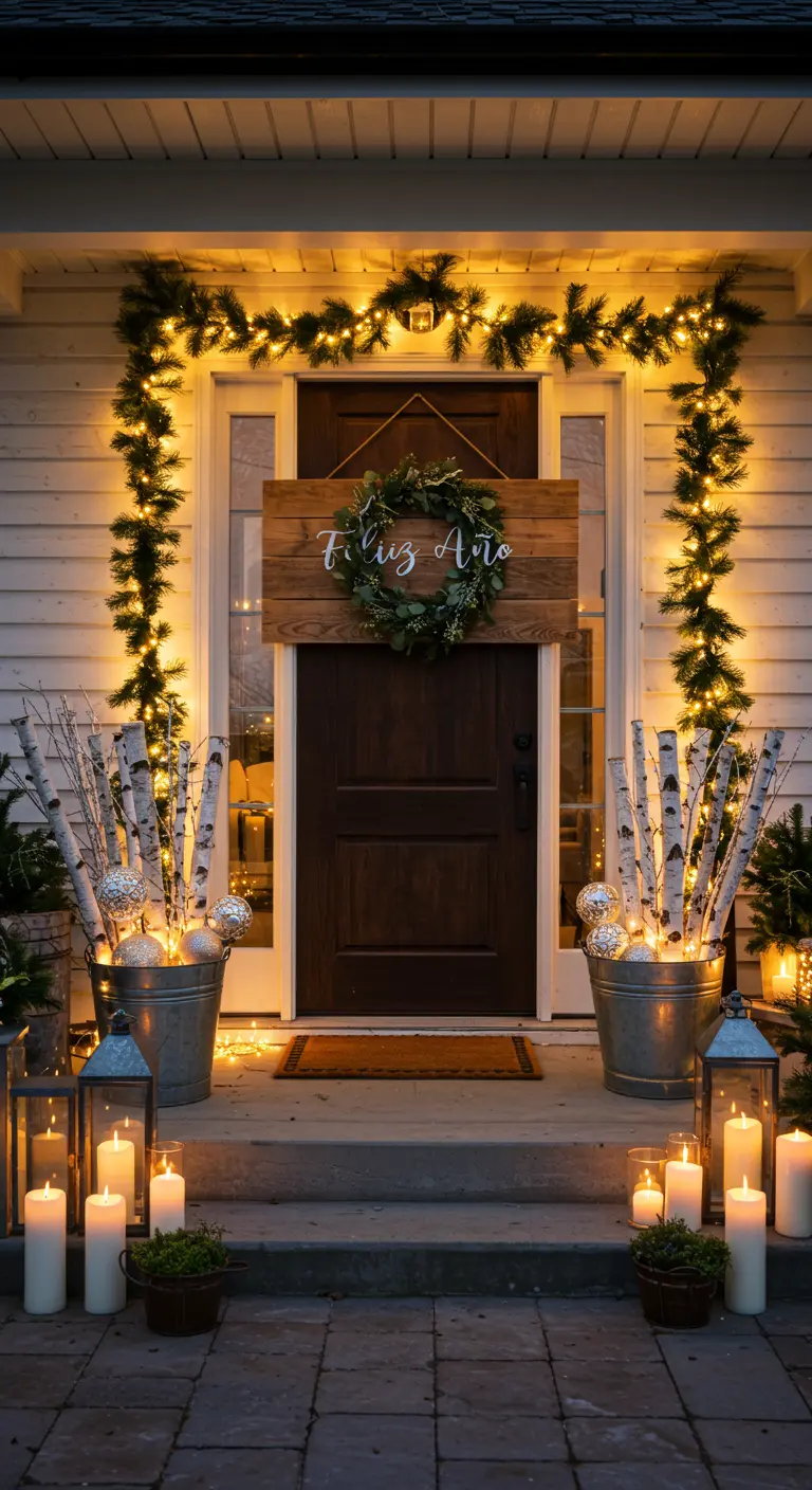 Porche rústico con letrero de 'Feliz Año', guirnalda de luces, y velas.