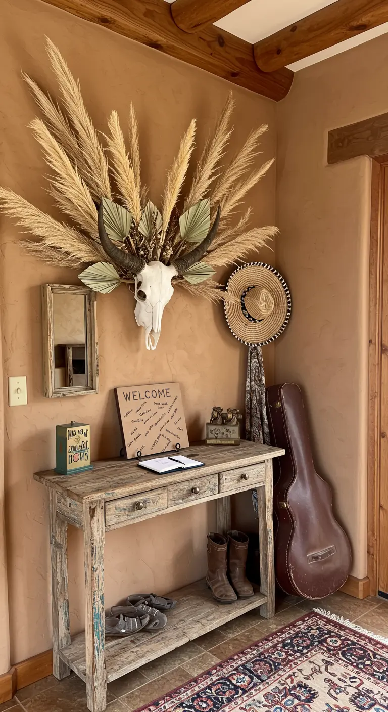 Entrada rústica con una consola de madera, un cráneo con hierba de la pampa y un estuche de guitarra.