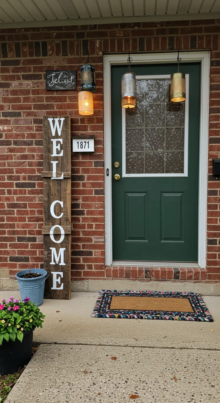 Entrada con un cartel de bienvenida de madera vertical y lámparas colgantes hechas con latas recicladas.