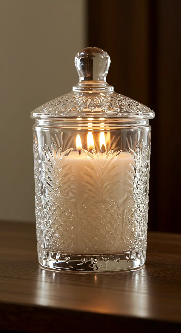 Vela de tres mechas encendida en un gran tarro de cristal tallado con forma de piña