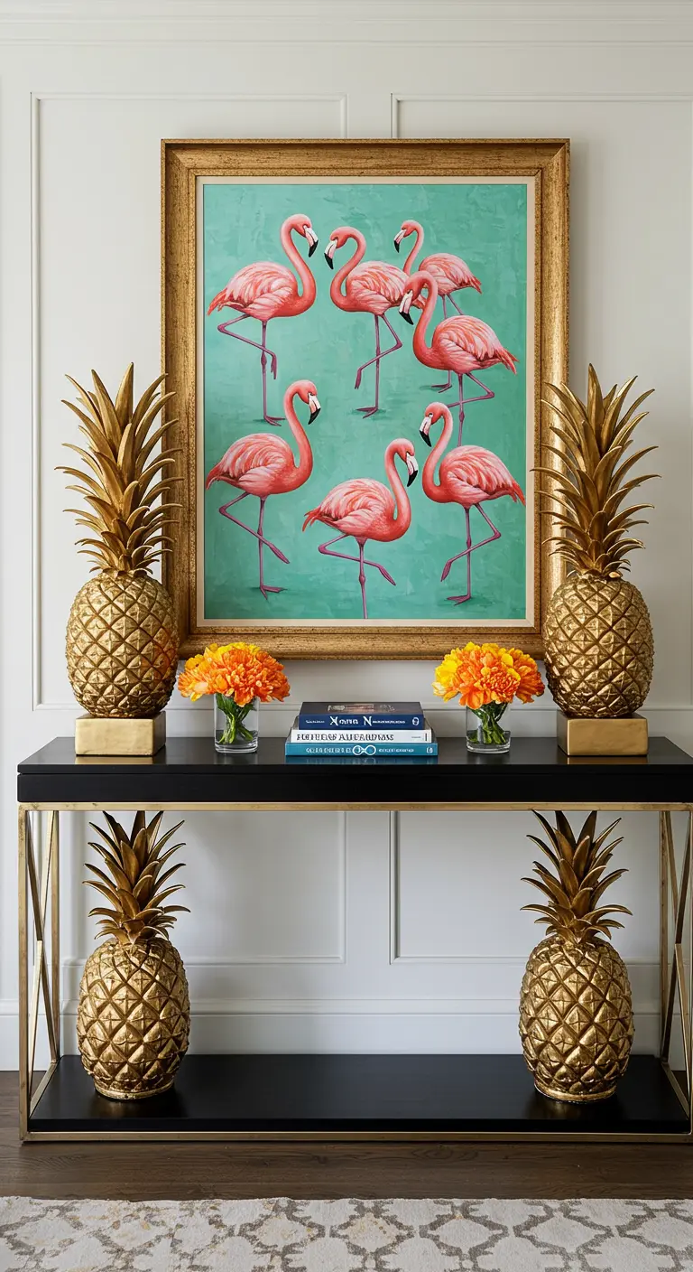 Consola de entrada con un cuadro de flamencos y cuatro piñas doradas decorativas.