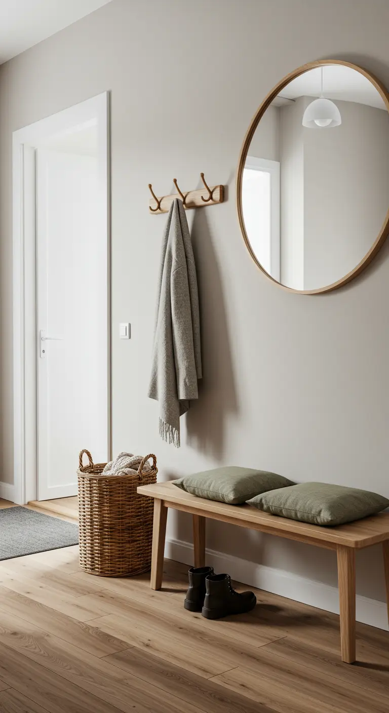 Entrada de estilo escandinavo con banco de madera, espejo redondo y cesta de mimbre