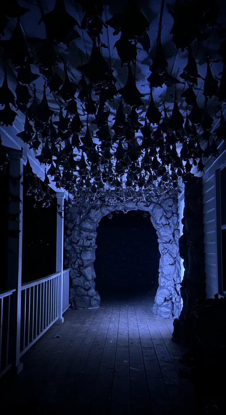 Techo de porche cubierto de murciélagos colgando, con una entrada de cueva de piedra falsa.