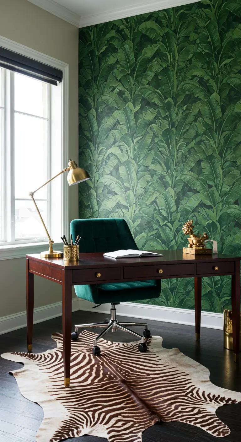 Oficina elegante con papel tapiz de hojas de banano, silla de terciopelo verde y alfombra de cebra.