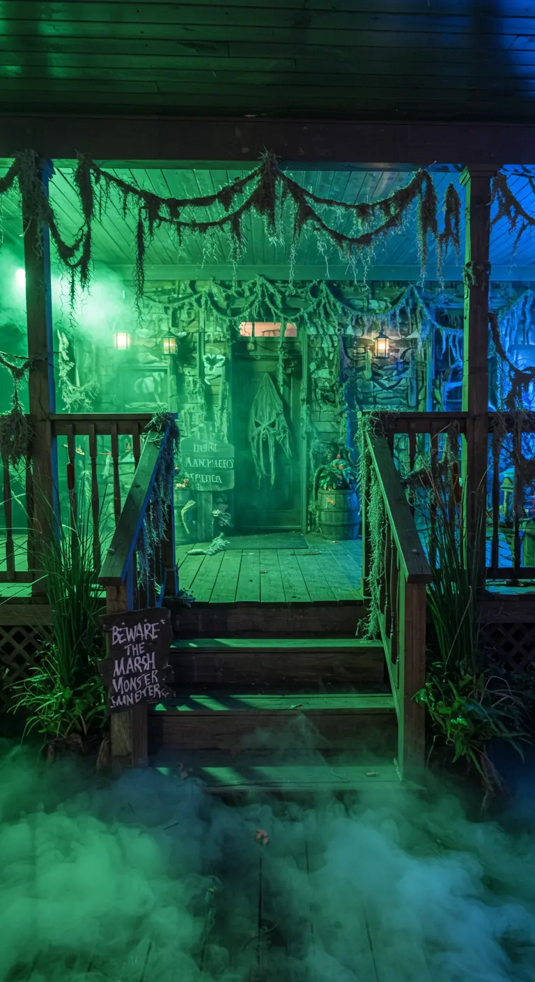 Porche de madera transformado en un pantano con humo verde, musgo y luces tenues.