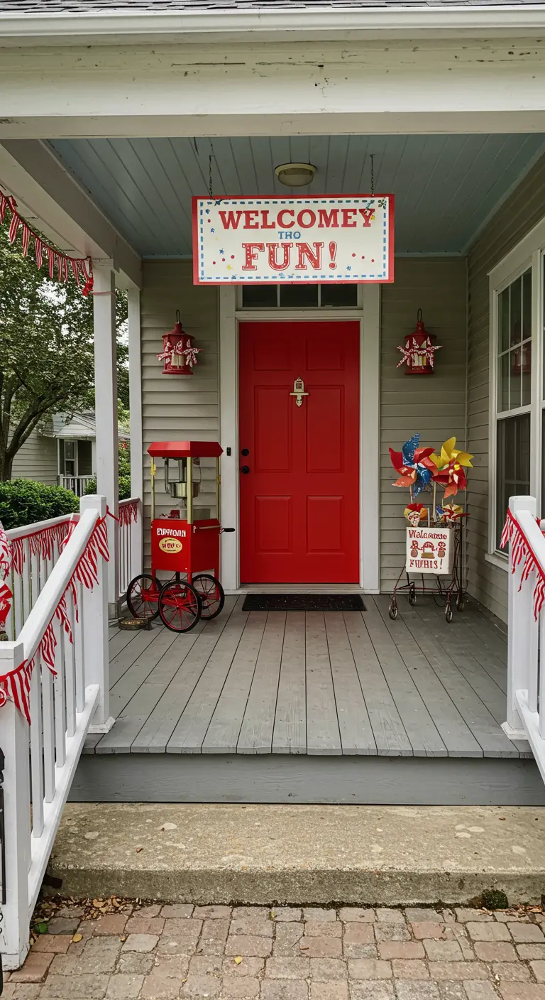 Porche con decoración de feria o carnaval, con máquina de palomitas y letrero de bienvenida.