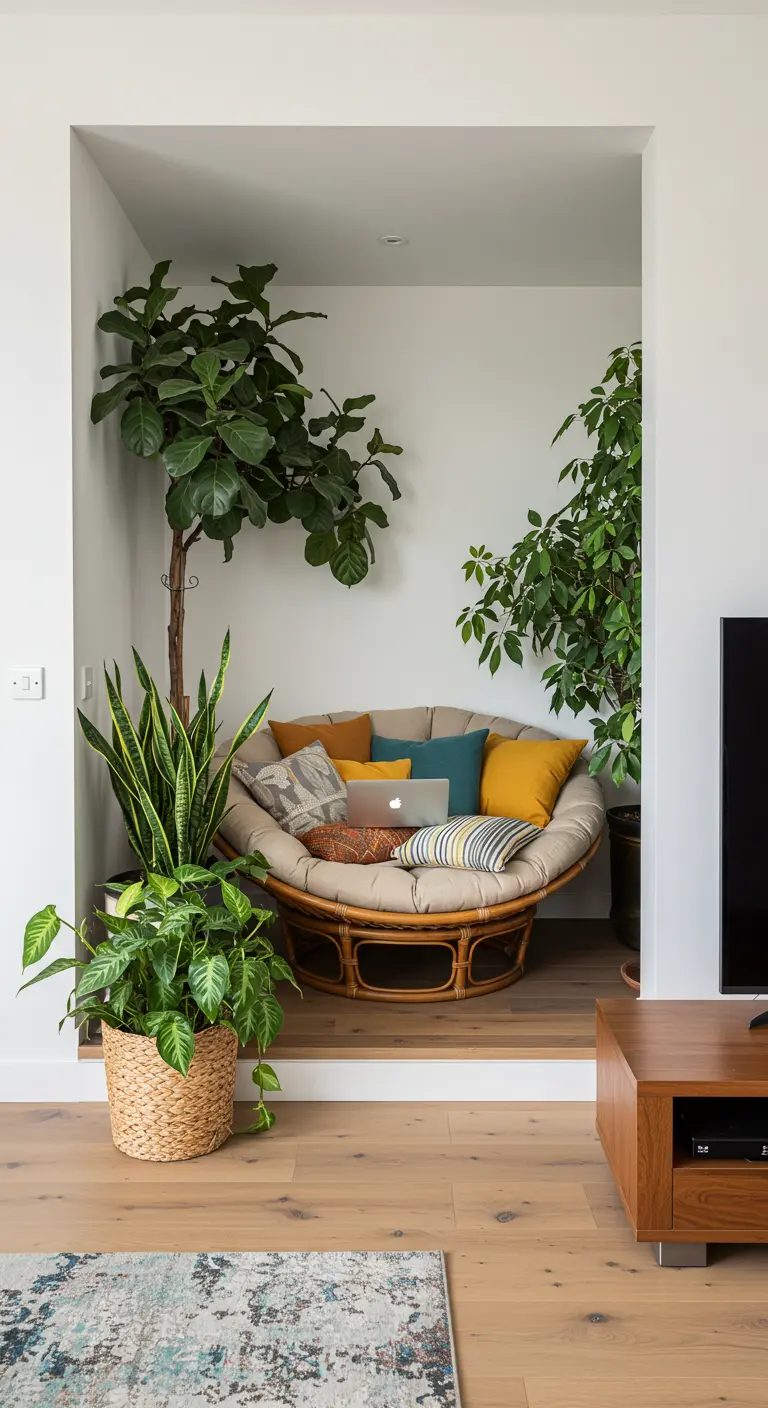 Acogedor rincón de lectura en un nicho con una silla Papasan rodeada de grandes plantas de interior.