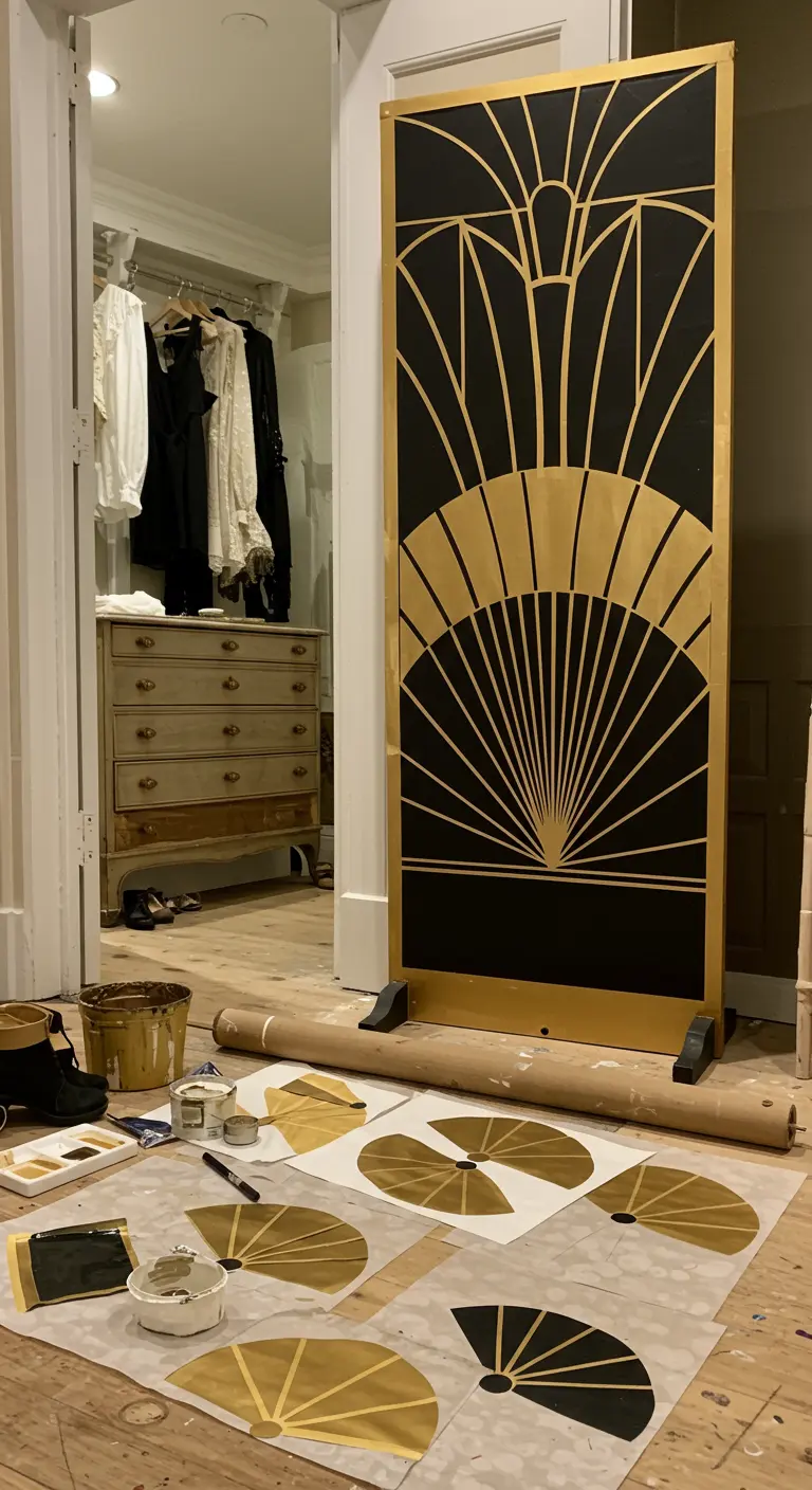 Biombo de madera pintado de negro y dorado con un elaborado diseño Art Déco