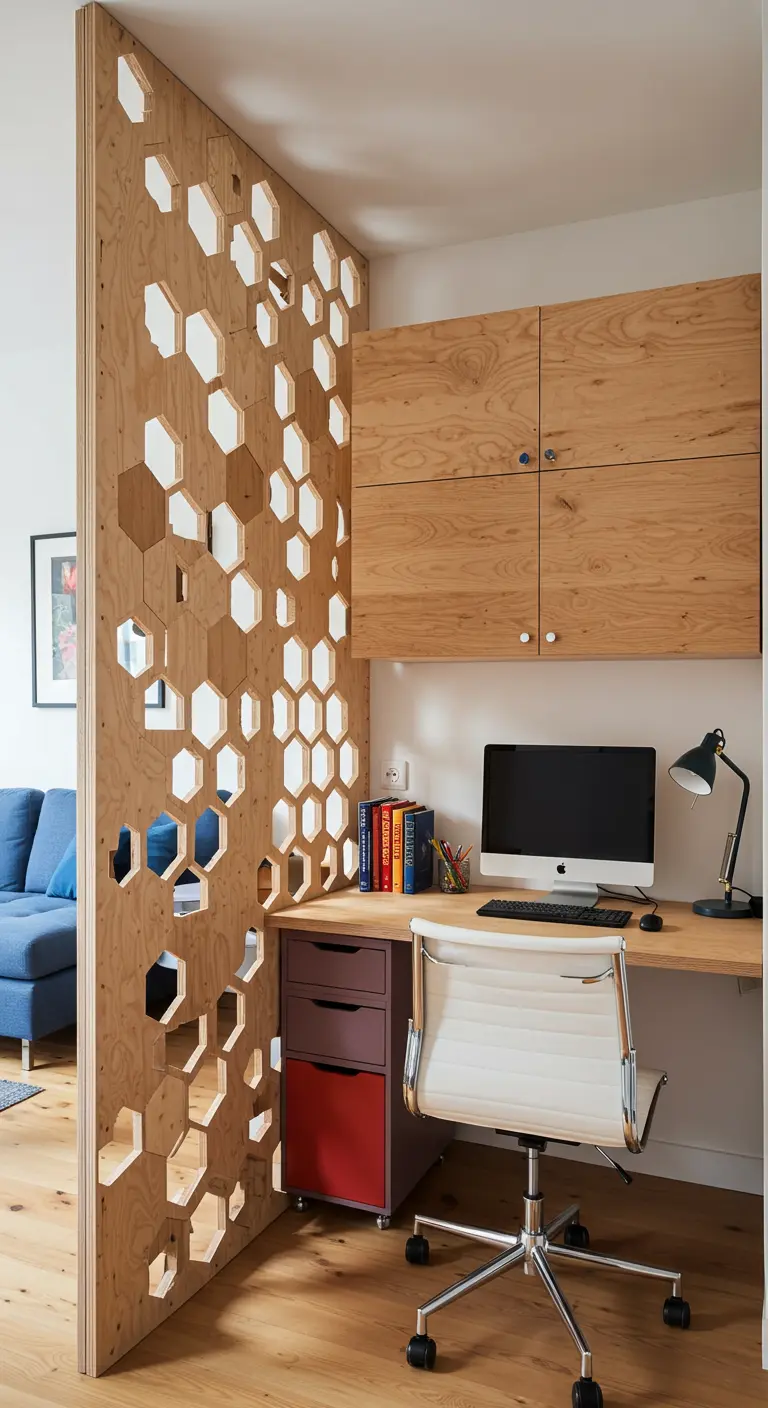 Panel de madera contrachapada con recortes hexagonales que separa una zona de trabajo de la sala.