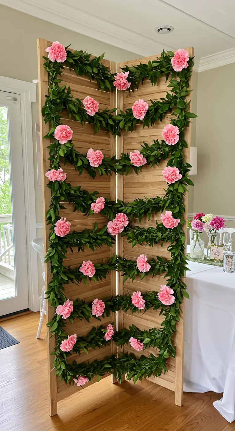 Biombo de madera decorado con guirnaldas horizontales de hojas verdes y claveles rosados.