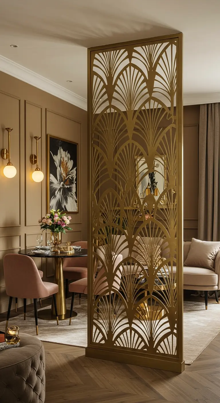 Un elegante separador de metal dorado con un patrón de abanicos Art Déco en un comedor sofisticado.