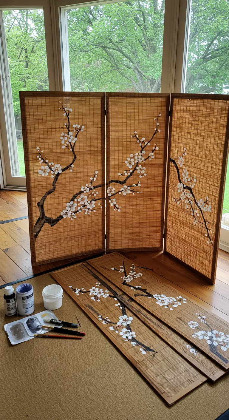 Biombo de bambú pintado a mano con un delicado diseño de ramas de cerezo en flor