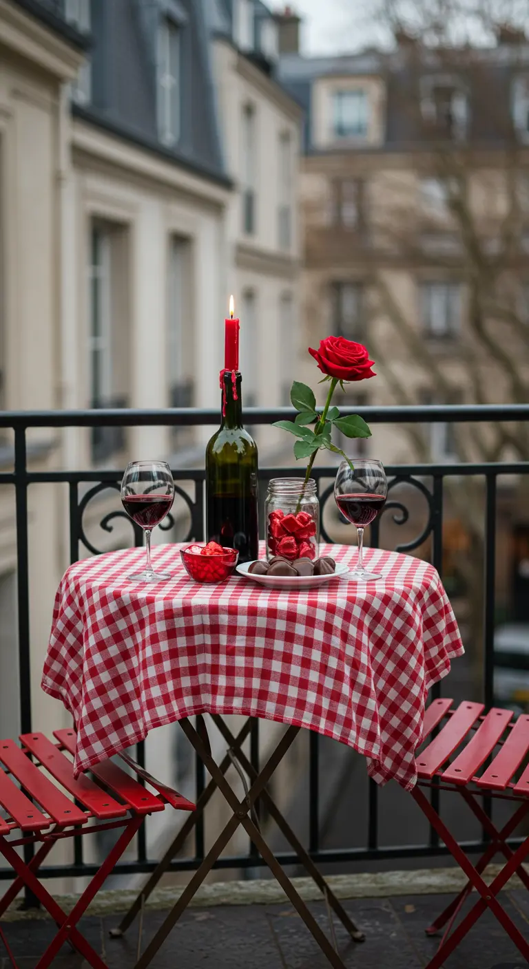 Pequeña mesa en un balcón parisino con mantel a cuadros, vino y una rosa roja.