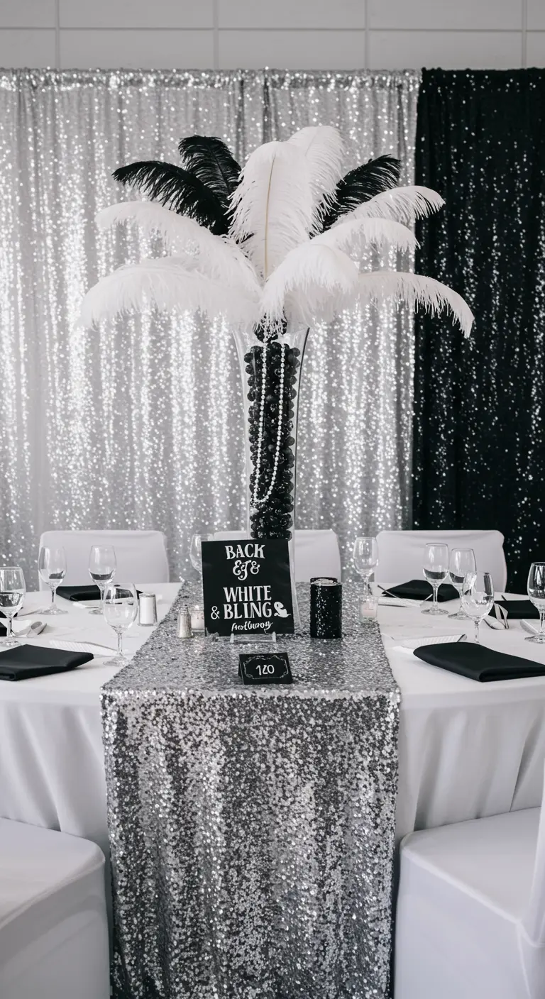 Mesa de fiesta con un camino de lentejuelas plateadas y un centro de mesa de plumas.