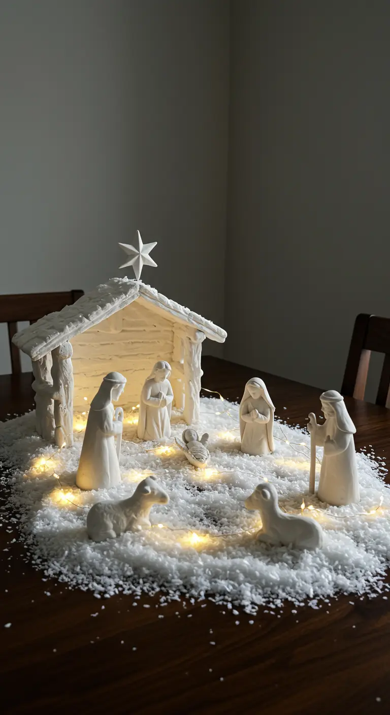 Belen de cerámica blanca sobre una base de nieve artificial iluminado con luces cálidas.