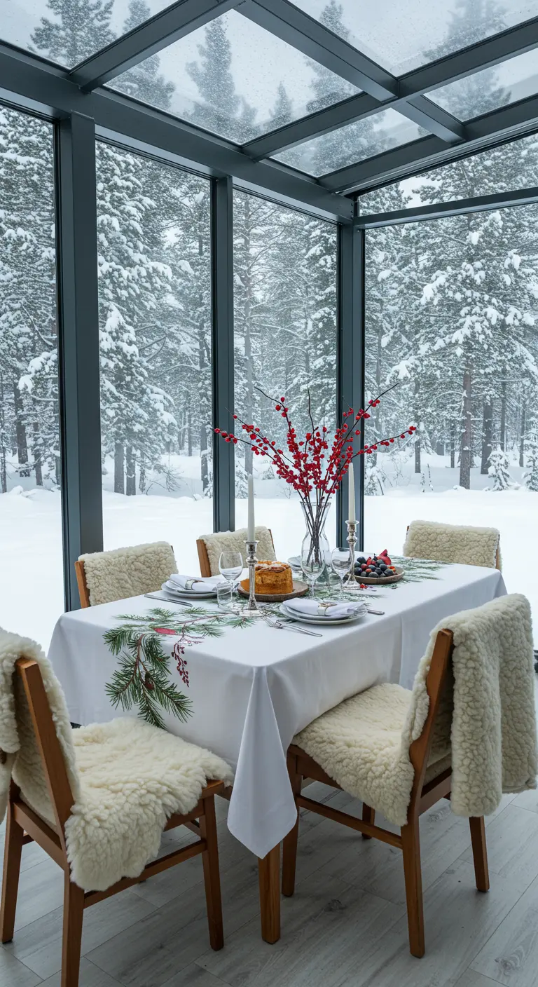 Mantel blanco con un camino de mesa pintado con ramas de pino y bayas rojas, en un porche acristalado.