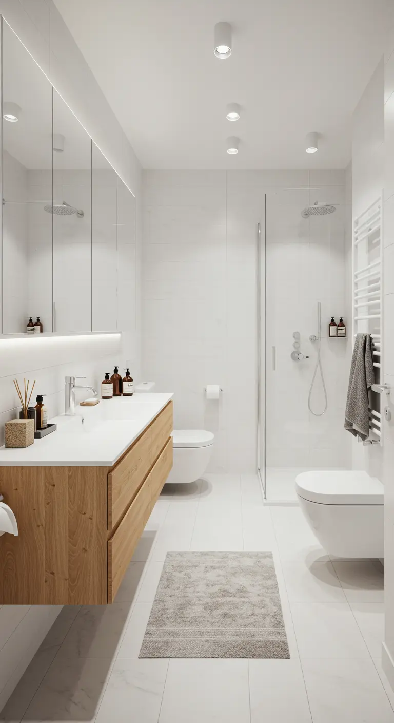 Baño totalmente blanco con mueble de madera clara, espejo con luz y ducha de cristal.