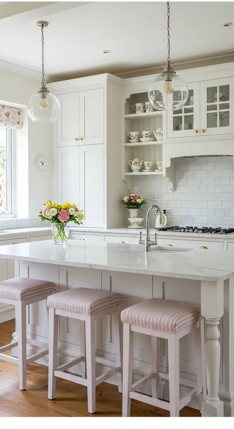 Cocina cottage blanca y luminosa con isla de mármol y taburetes tapizados a rayas rosas.