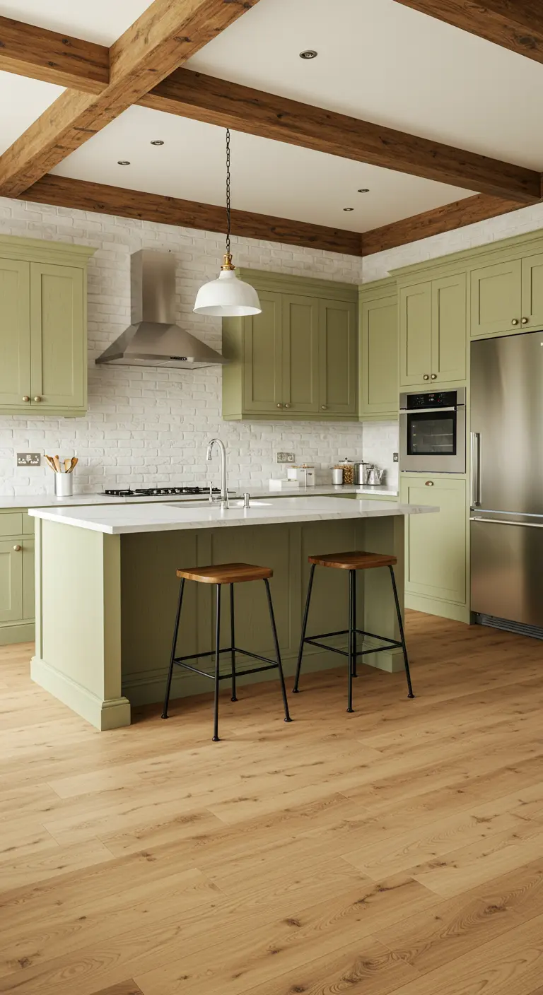 Cocina de estilo granja con gabinetes verdes, pared de ladrillo blanco y vigas de madera.