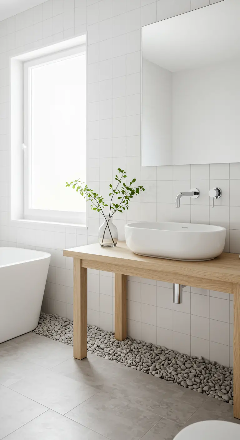 Baño de estilo nórdico con azulejos blancos, mueble de madera clara y piedras decorativas.