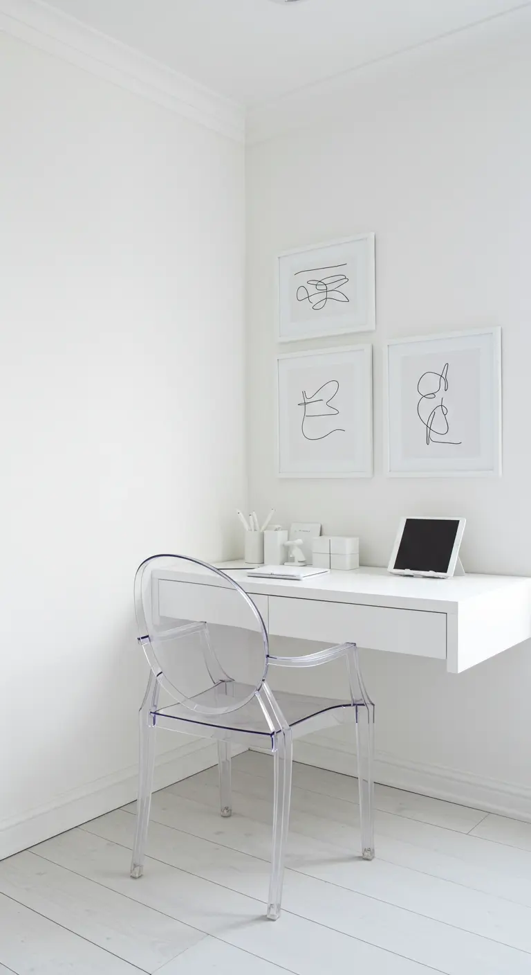 Rincón de trabajo minimalista en blanco total con escritorio flotante y silla transparente.