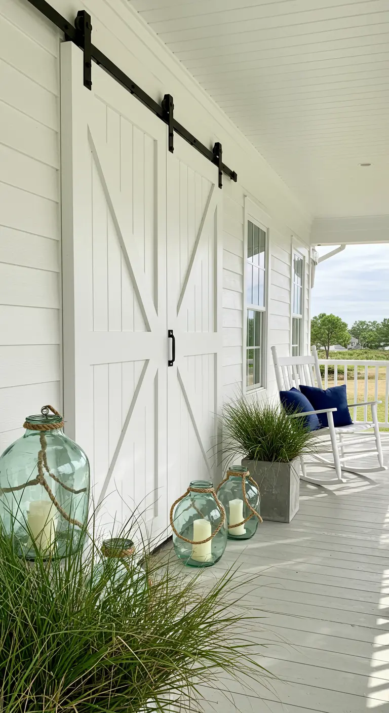 Porche blanco y luminoso con una puerta de granero blanca y grandes faroles de cristal azul.