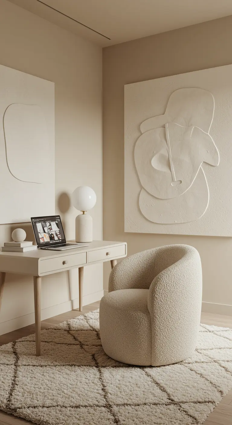 Rincón de trabajo en tonos crema con silla de bouclé y arte texturizado en la pared.