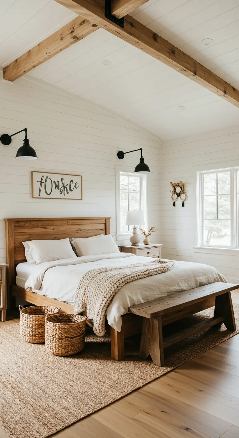 Dormitorio estilo farmhouse con paredes blancas, cama de madera y textiles naturales.