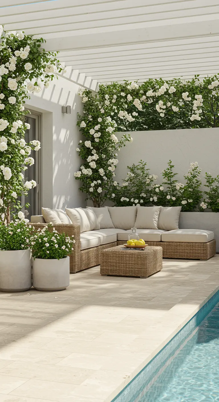 Patio moderno junto a una piscina con pérgola blanca, rosas blancas trepadoras y sofá de mimbre.