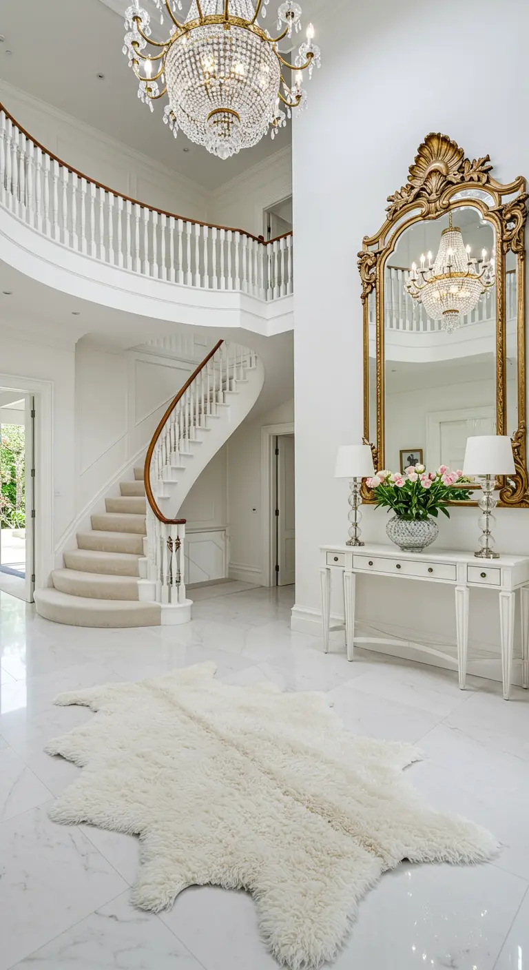 Recibidor de lujo en blanco y dorado con gran escalera, espejo ornamentado y lámpara de cristal.