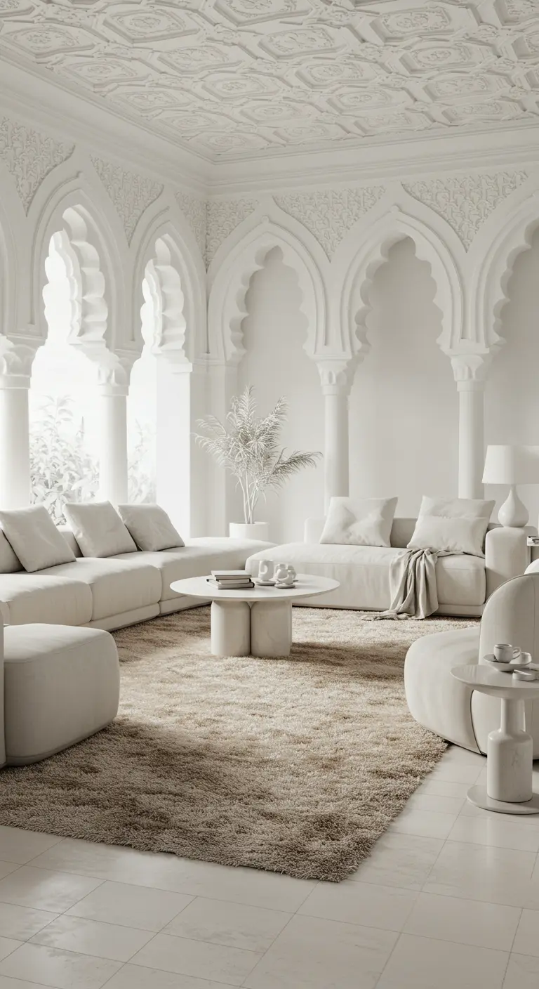 Salón monocromático en blanco con arcos y columnas ornamentadas, y muebles modernos y suaves.