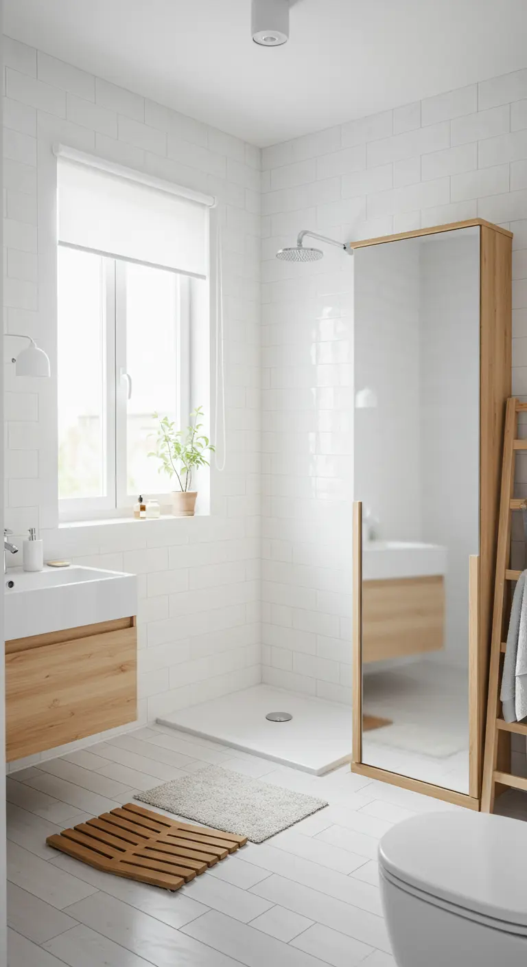 Baño completamente blanco con mueble de lavabo y armario con espejo en madera clara.