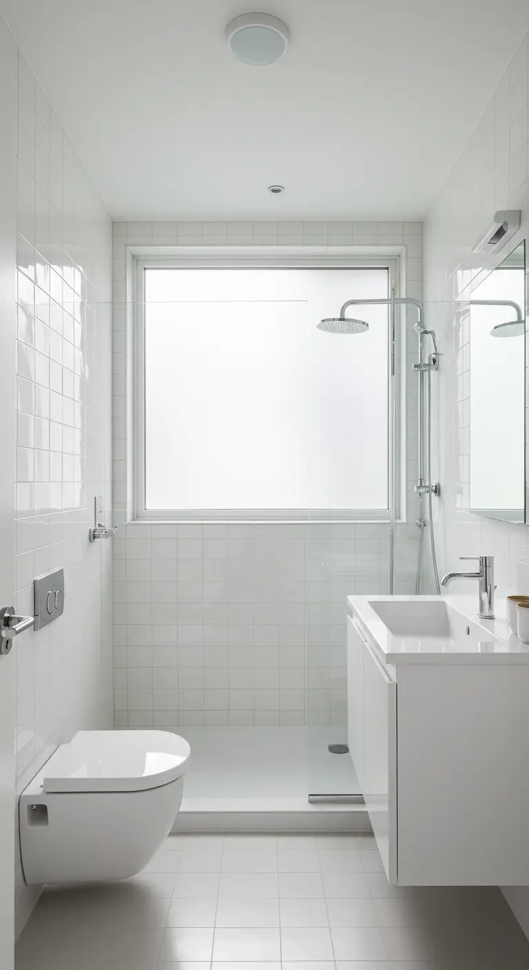 Baño completamente blanco con ducha a ras de suelo y sanitarios suspendidos