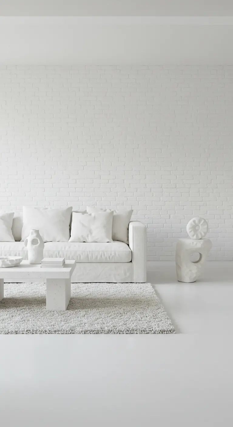 Sala de estar minimalista y texturizada en blanco total con pared de ladrillo pintado.